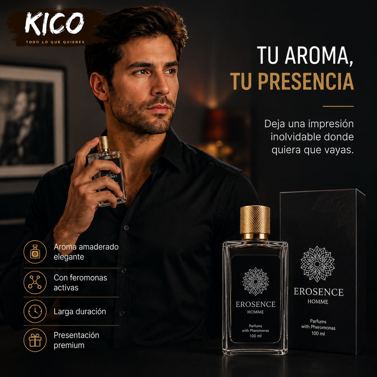 No es suerte. Es química. Erosence Homme · Perfume con feromonas activas
